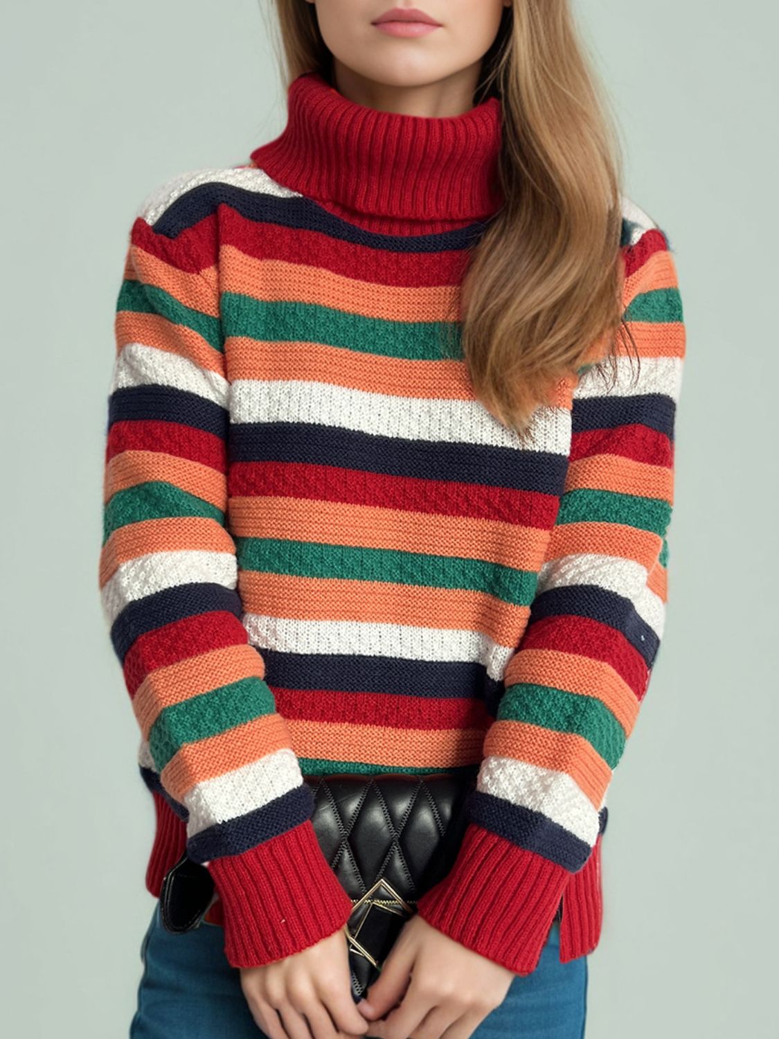 Blue Zone Planet | Contrast Stripes Turtleneck Long Sleeve Sweater-TOPS / DRESSES-[Adult]-[Female]-Deep Red-One Size-2022 Online Blue Zone Planet