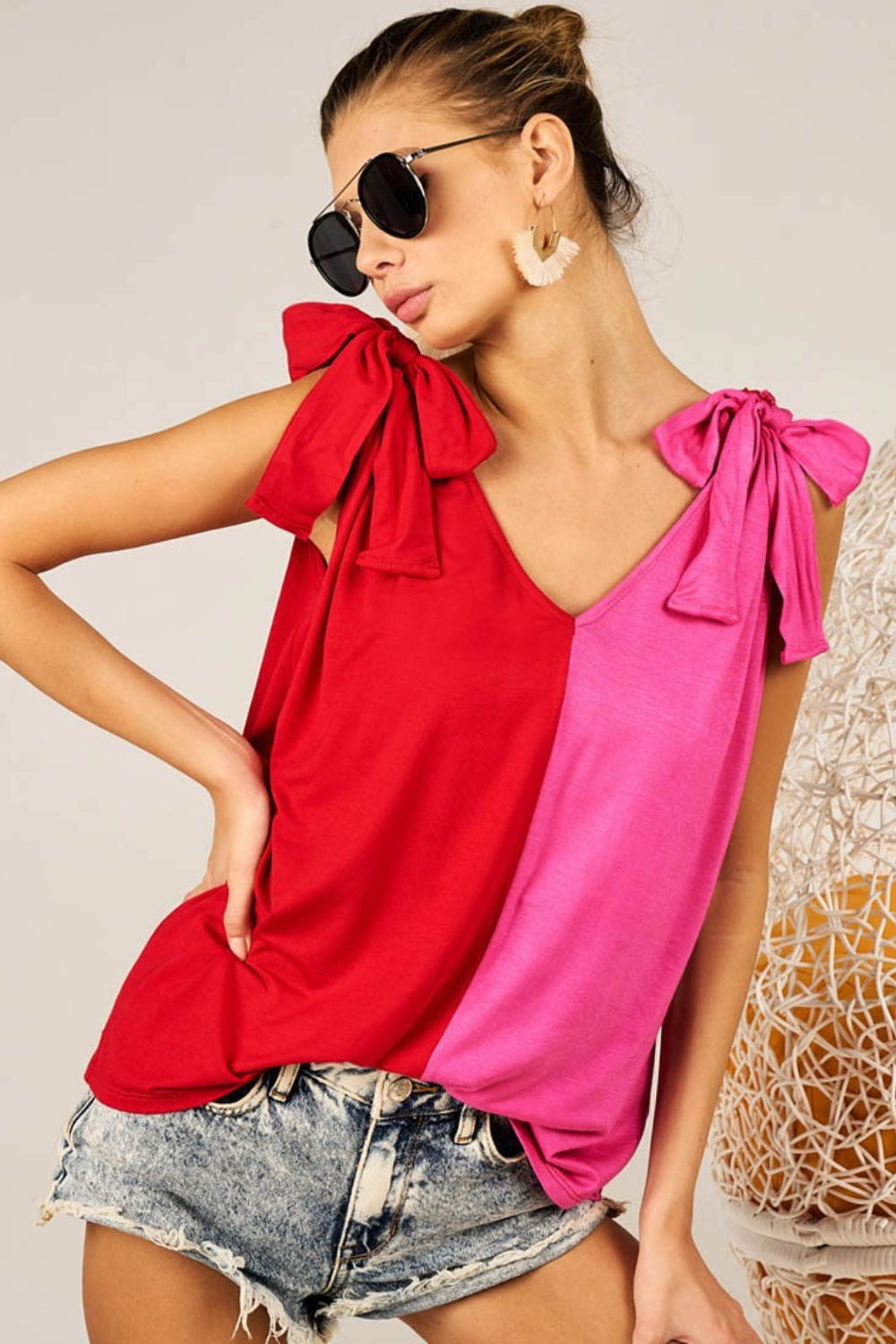 BiBi Shoulder Ribbon Tied Contrast Tank-TOPS / DRESSES-[Adult]-[Female]-Red/Fuchsia-S-2022 Online Blue Zone Planet