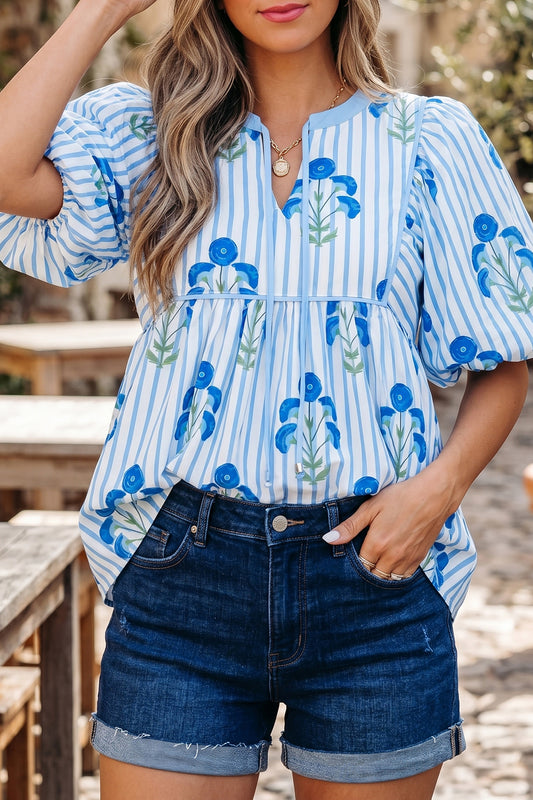 Sky Blue Floral Print Tie Neck Puff Sleeve Blouse-Tops/Blouses & Shirts-[Adult]-[Female]-Sky Blue-S-2022 Online Blue Zone Planet