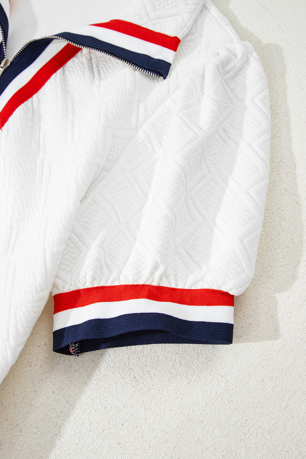 White Textured Jacquard Colorblock Edge Puff Sleeve Quarter Zip Mini Dress-TOPS / DRESSES-[Adult]-[Female]-2022 Online Blue Zone Planet