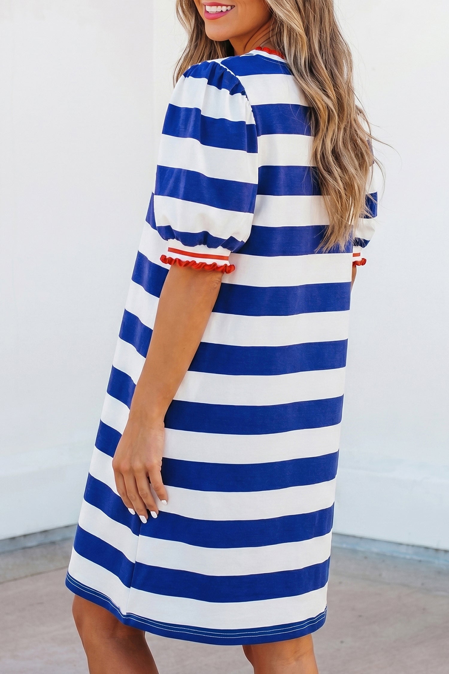 Blue Stripe Contrast Trim Round Neck Short Puff Sleeve Shift Mini Dress-TOPS / DRESSES-[Adult]-[Female]-2022 Online Blue Zone Planet