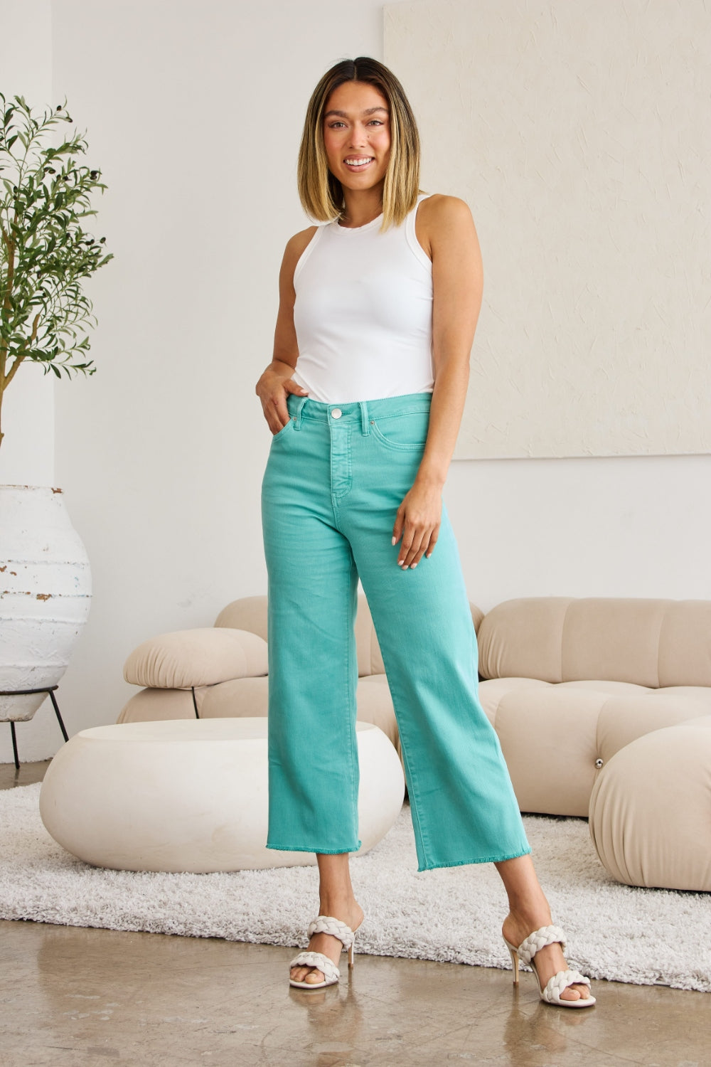 RFM Crop Chloe Full Size Tummy Control High Waist Raw Hem Jeans-BOTTOM SIZES SMALL MEDIUM LARGE-[Adult]-[Female]-Island Green-23-2022 Online Blue Zone Planet