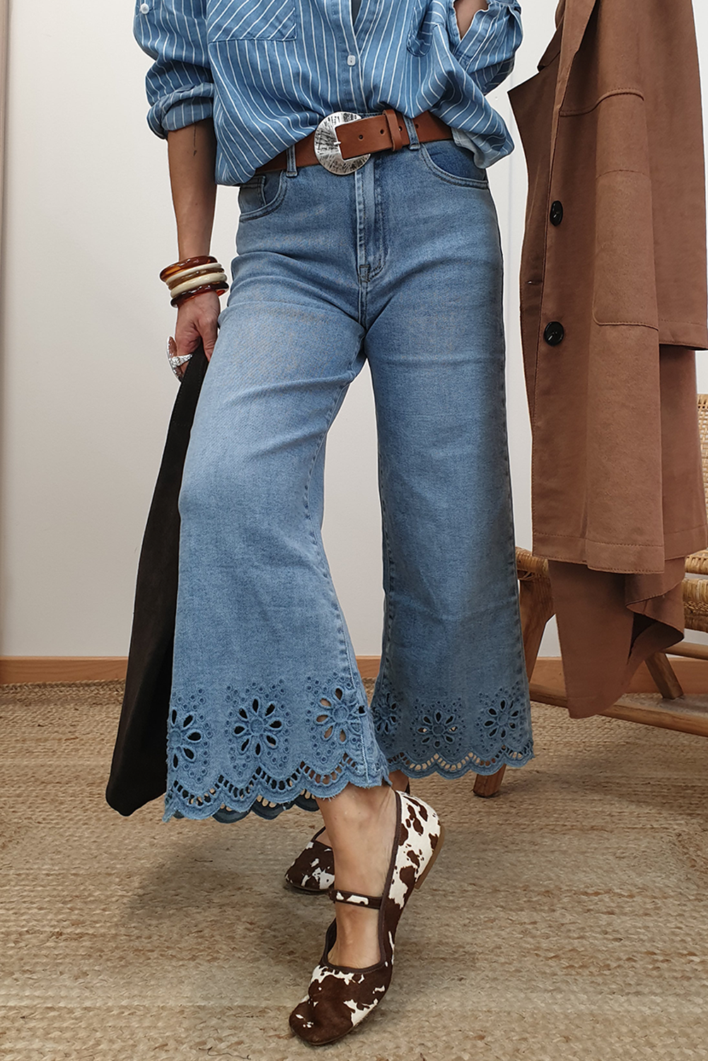 Dusk Blue Embroidered Cropped Wide Leg High Waist Jeans-Bottoms/Jeans-[Adult]-[Female]-2022 Online Blue Zone Planet
