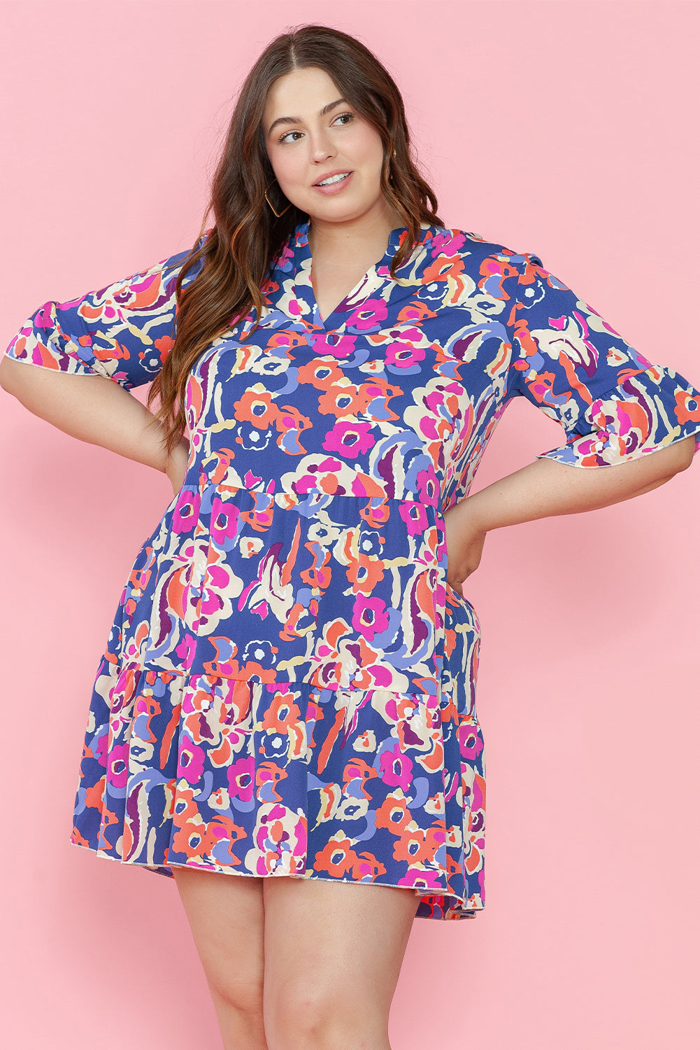 Blue Zone Planet | Blue Plus Size Floral Print Ruffled 3/4 Sleeve Mini Dress-TOPS / DRESSES-[Adult]-[Female]-2022 Online Blue Zone Planet