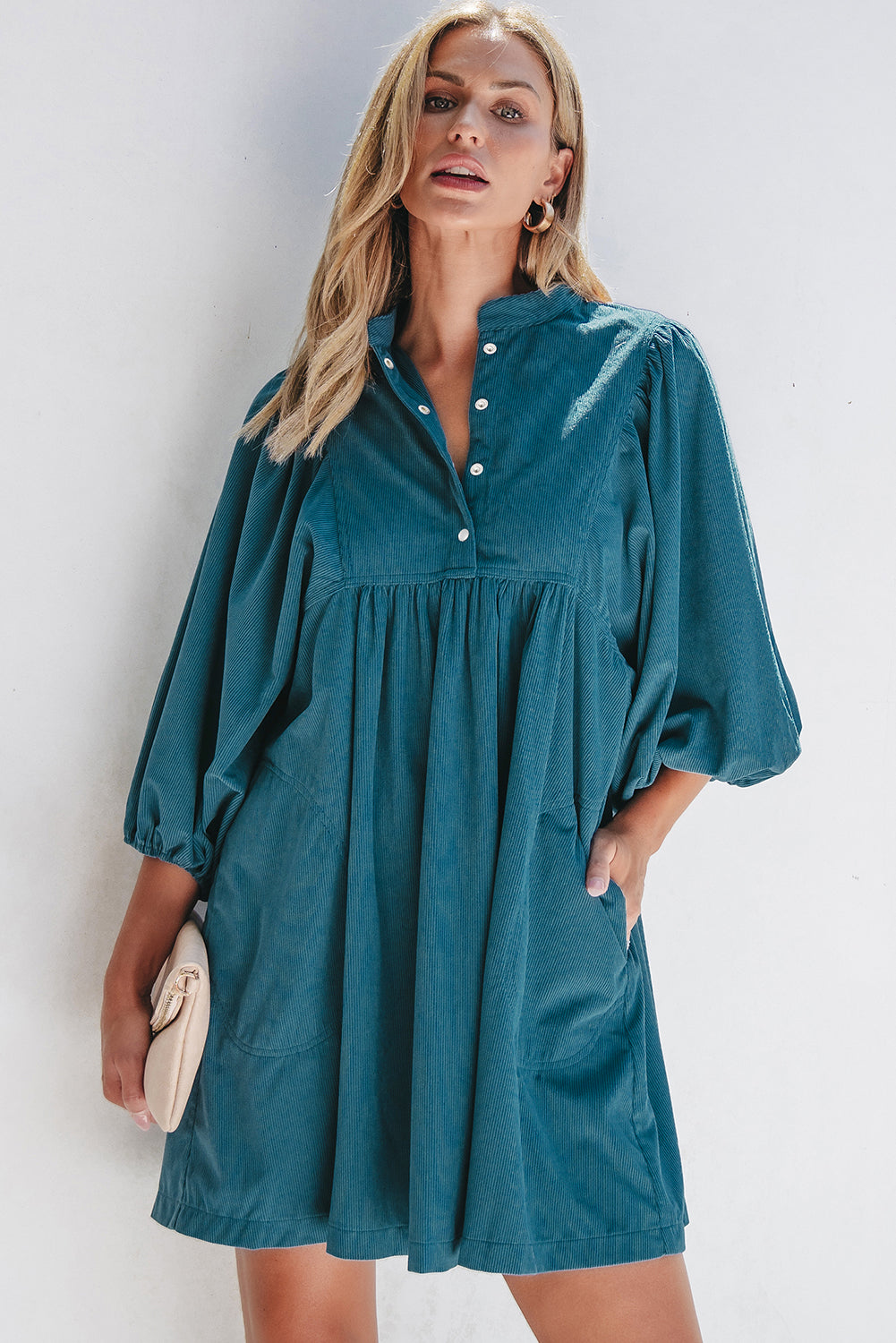 Blue Zone Planet | Blue Corduroy Snap Buttons Empire Waist Bracelet Sleeve Dress-TOPS / DRESSES-[Adult]-[Female]-Blue-S-2022 Online Blue Zone Planet