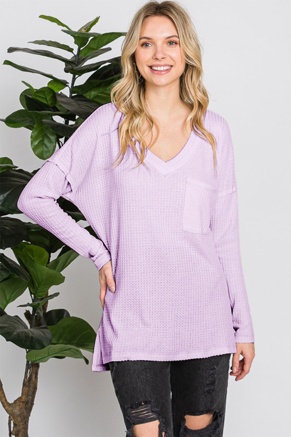 Blue Zone Planet | Reborn J Waffle Knit V-Neck Long Sleeve T-Shirt-TOPS / DRESSES-[Adult]-[Female]-LILAC-S-2022 Online Blue Zone Planet