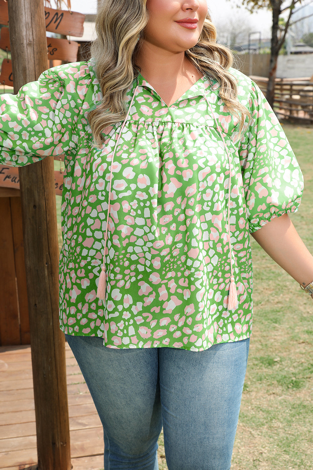 Green Plus Size Floral Tassel Tie Split Neck Puff Sleeve Blouse-Plus Size/Plus Size Tops/Plus Size Blouses & Shirts-[Adult]-[Female]-2022 Online Blue Zone Planet