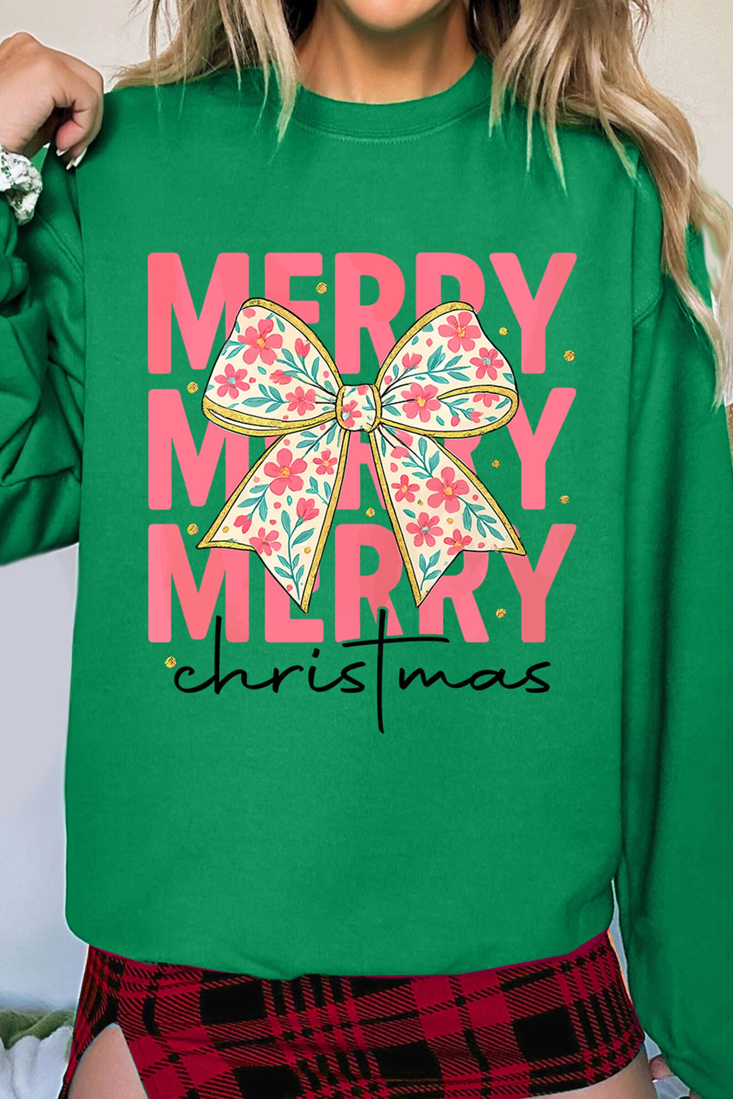 Dark Green MERRY Christmas Floral Bow Graphic Drop Shoulder Sweatshirt-Graphic/Graphic Sweatshirts-[Adult]-[Female]-2022 Online Blue Zone Planet