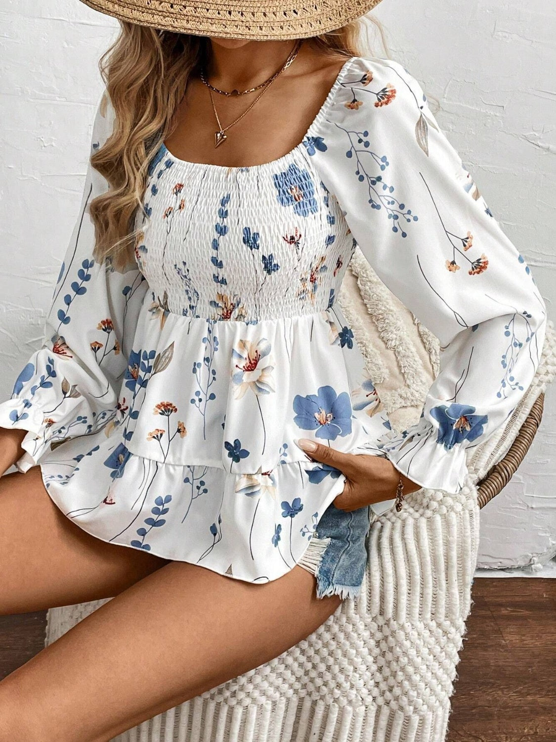 Smocked Floral Scoop Neck Flounce Sleeve Blouse-TOPS / DRESSES-[Adult]-[Female]-2022 Online Blue Zone Planet