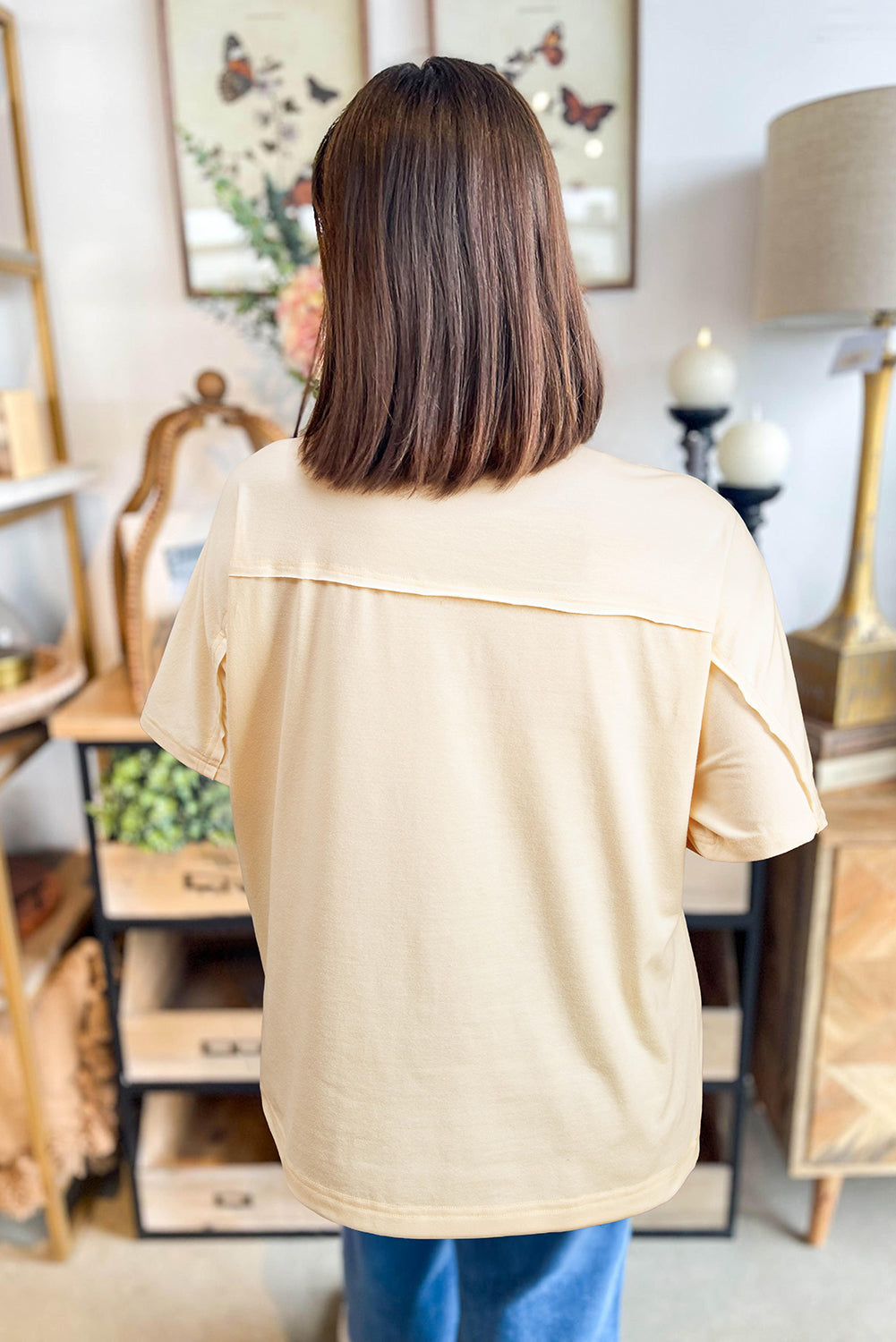 Apricot Flower Patched Exposed Stitching Trim Crew Neck Loose Tee-Tops/Tops & Tees-[Adult]-[Female]-2022 Online Blue Zone Planet