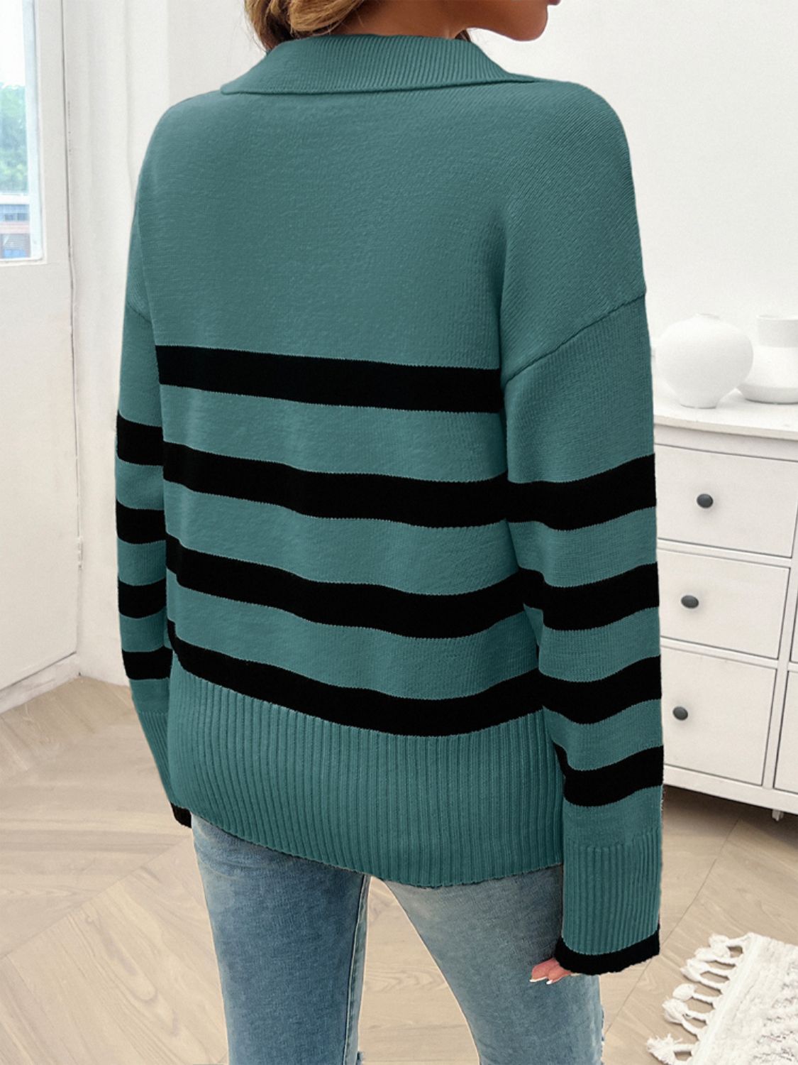 Striped Collared Neck Long Sleeve Sweater-TOPS / DRESSES-[Adult]-[Female]-2022 Online Blue Zone Planet