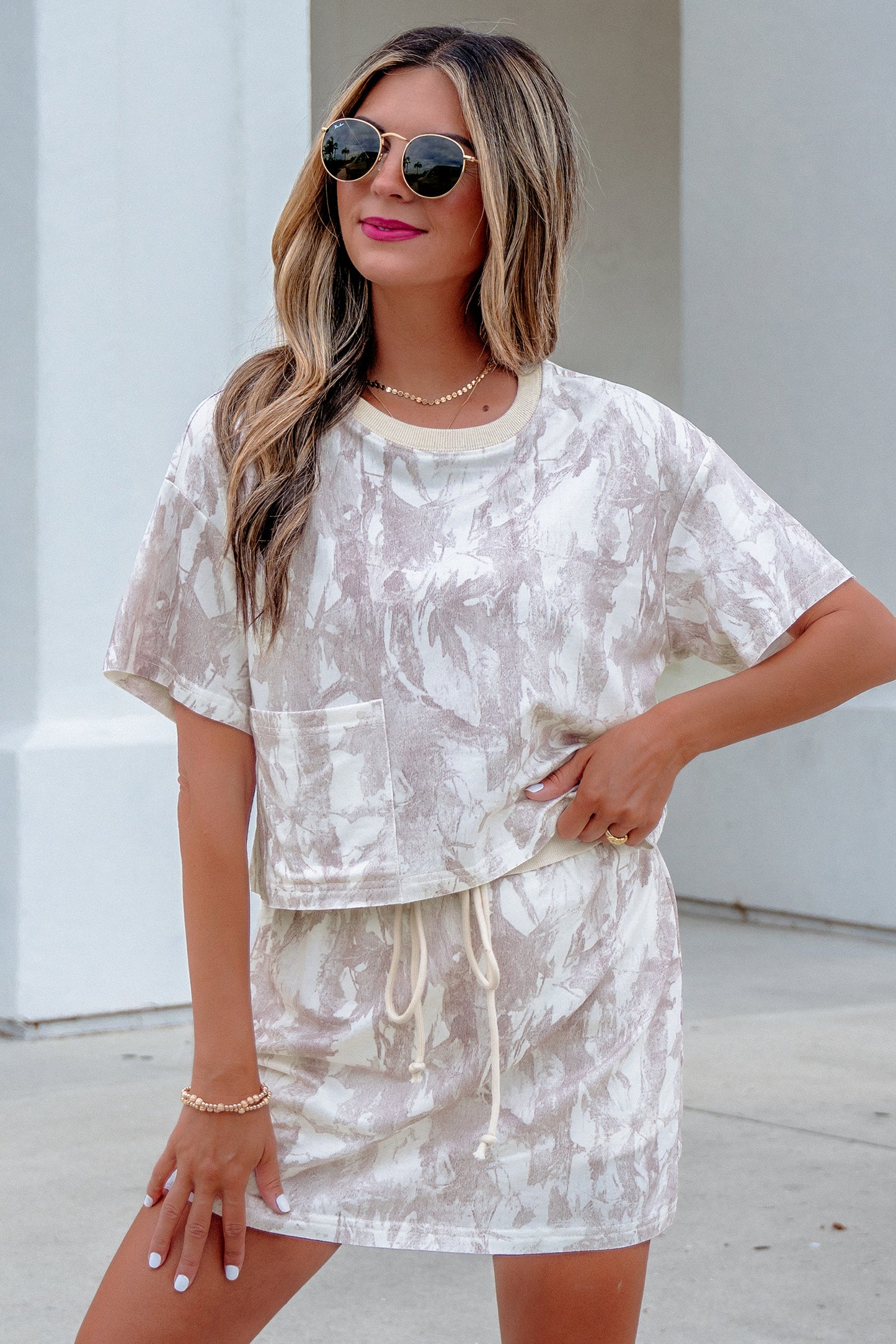 Gray Woodland Camo Print Raw Edge Cropped Top Skirt Set-Two Piece Sets/Two Piece Dresses-[Adult]-[Female]-2022 Online Blue Zone Planet