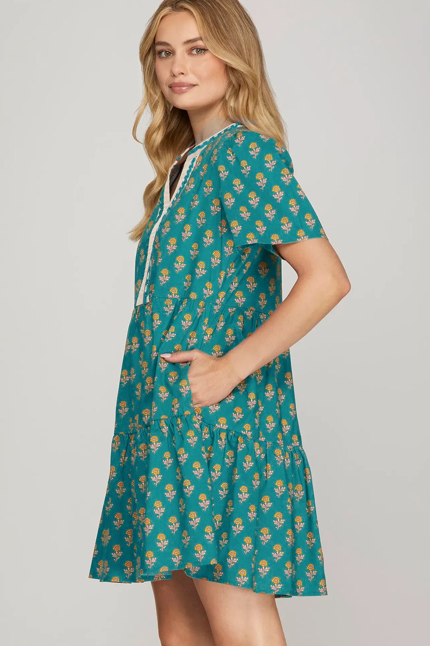 Green Contrast Trim V Neck Short Sleeve Floral Dress-TOPS / DRESSES-[Adult]-[Female]-2022 Online Blue Zone Planet