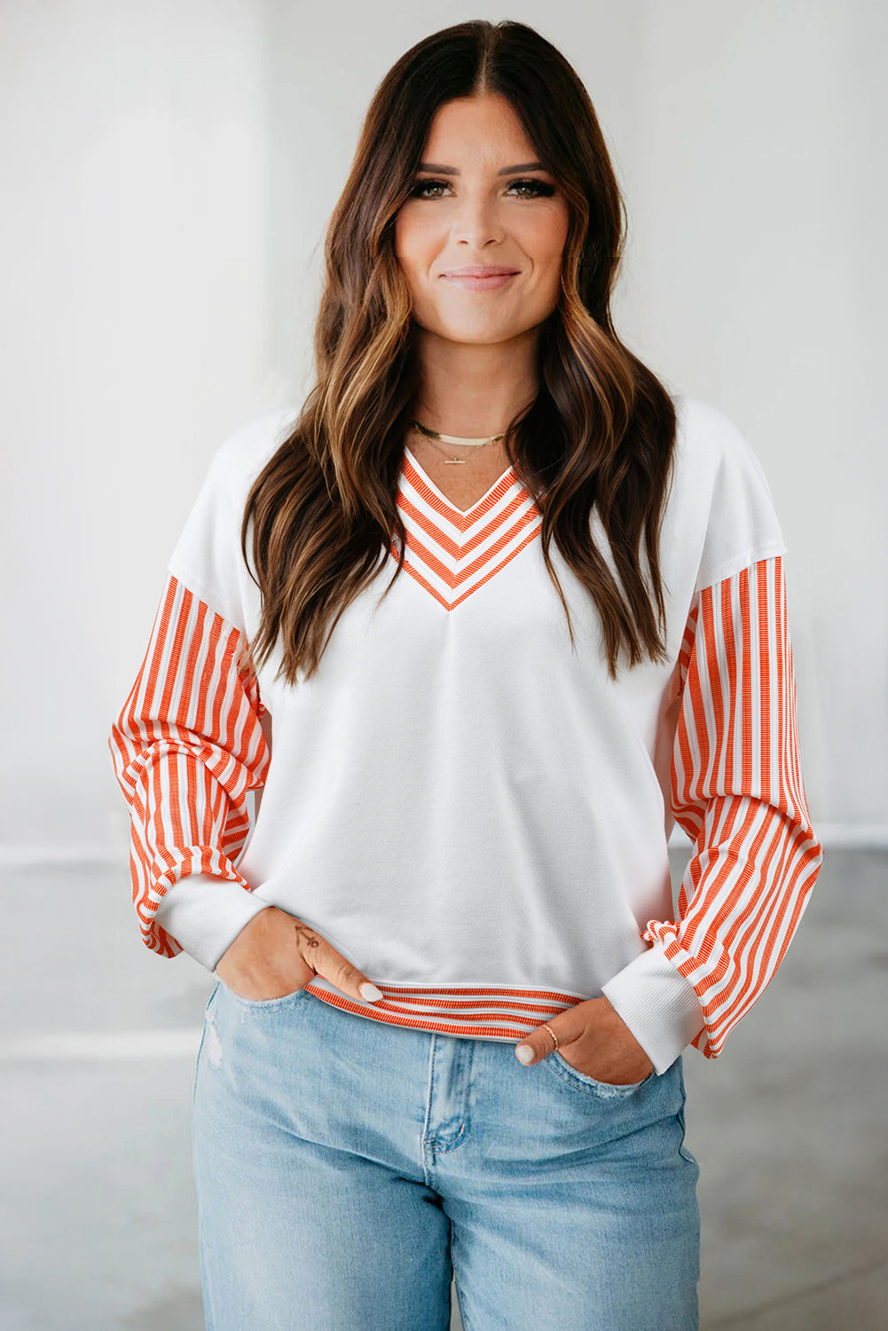 Orange Stripe V Neck Drop Shoulder Patchwork Long Sleeve Top-Tops/Long Sleeve Tops-[Adult]-[Female]-2022 Online Blue Zone Planet