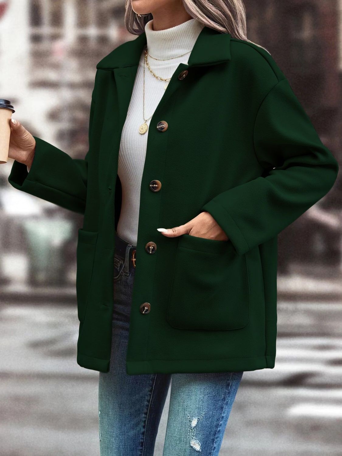 Pocketed Collared Neck Button Up Jacket-TOPS / DRESSES-[Adult]-[Female]-2022 Online Blue Zone Planet