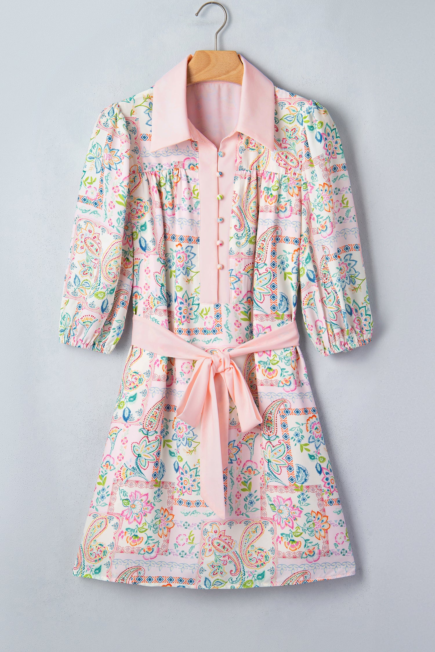Pink Boho Floral Print Color Block Trim Half Button Belted Mini Dress-TOPS / DRESSES-[Adult]-[Female]-2022 Online Blue Zone Planet