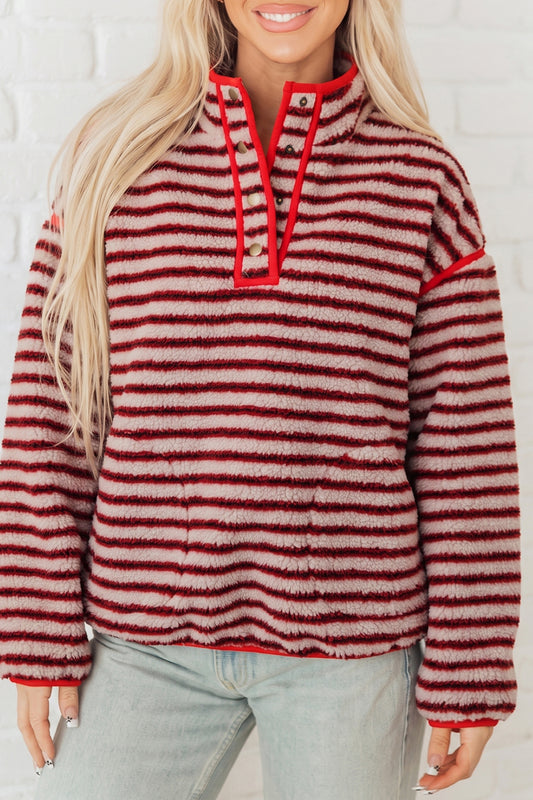 Red Striped Fuzzy Colorblock Button Placket Sweatshirt-Tops/Sweatshirts & Hoodies-[Adult]-[Female]-Blue Stripe-S-2022 Online Blue Zone Planet