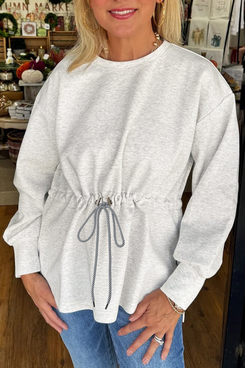 Light Grey Drawstring Waist Tunic Solid Sweatshirt-Tops/Sweatshirts & Hoodies-[Adult]-[Female]-Light Grey-S-2022 Online Blue Zone Planet