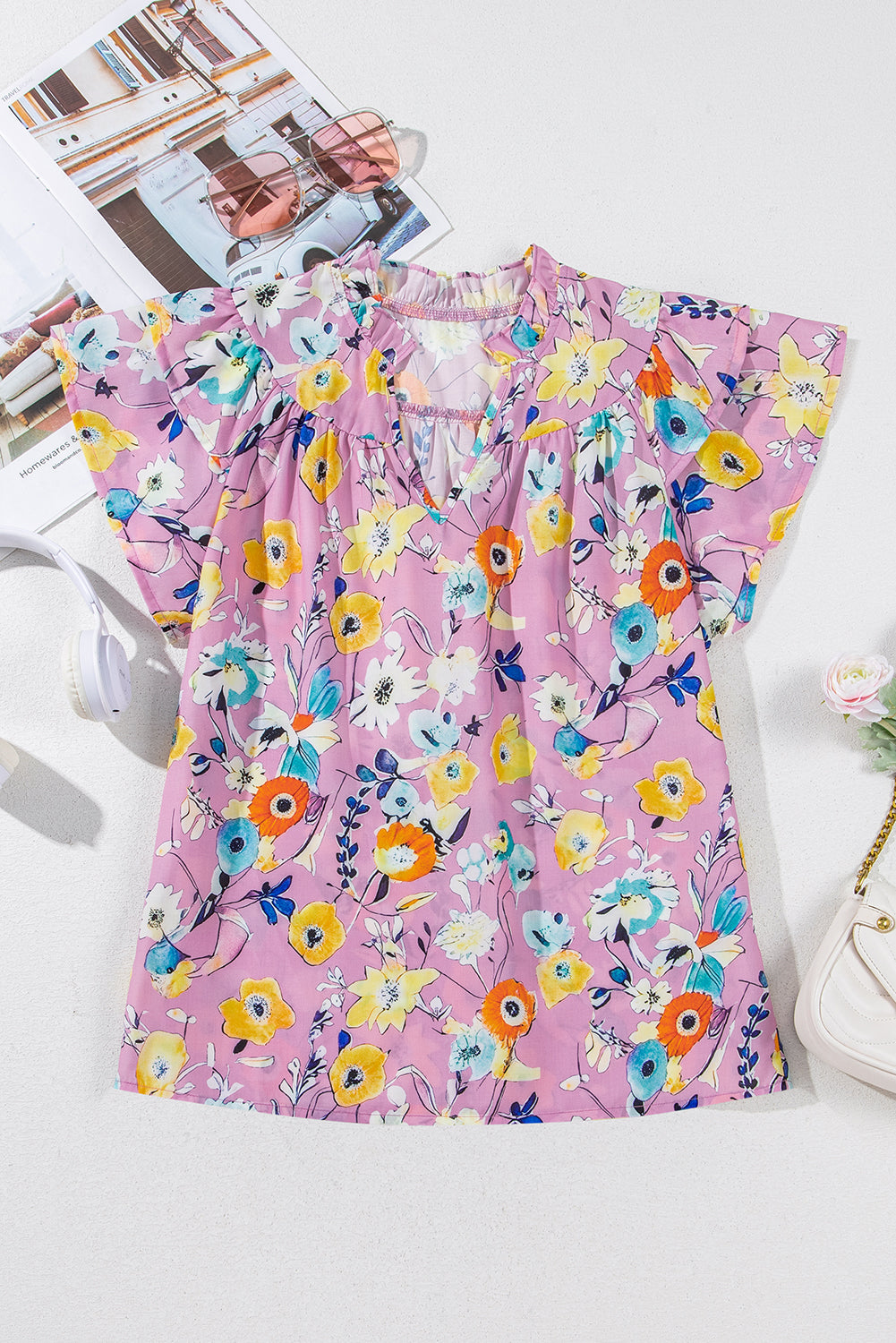 Pink Flutter Sleeve V Neck Floral Top-Tops/Blouses & Shirts-[Adult]-[Female]-2022 Online Blue Zone Planet