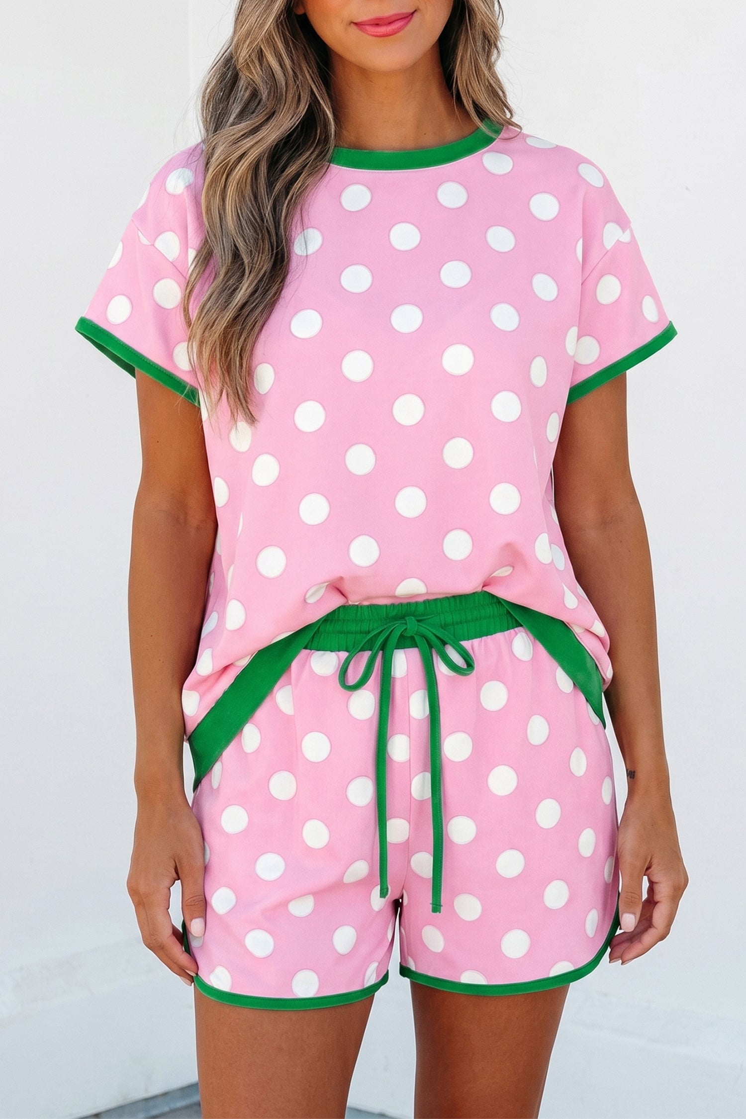 Pink Polka Dot Contrast Edge Casual Short Set-Two Piece Sets/Short Sets-[Adult]-[Female]-2022 Online Blue Zone Planet