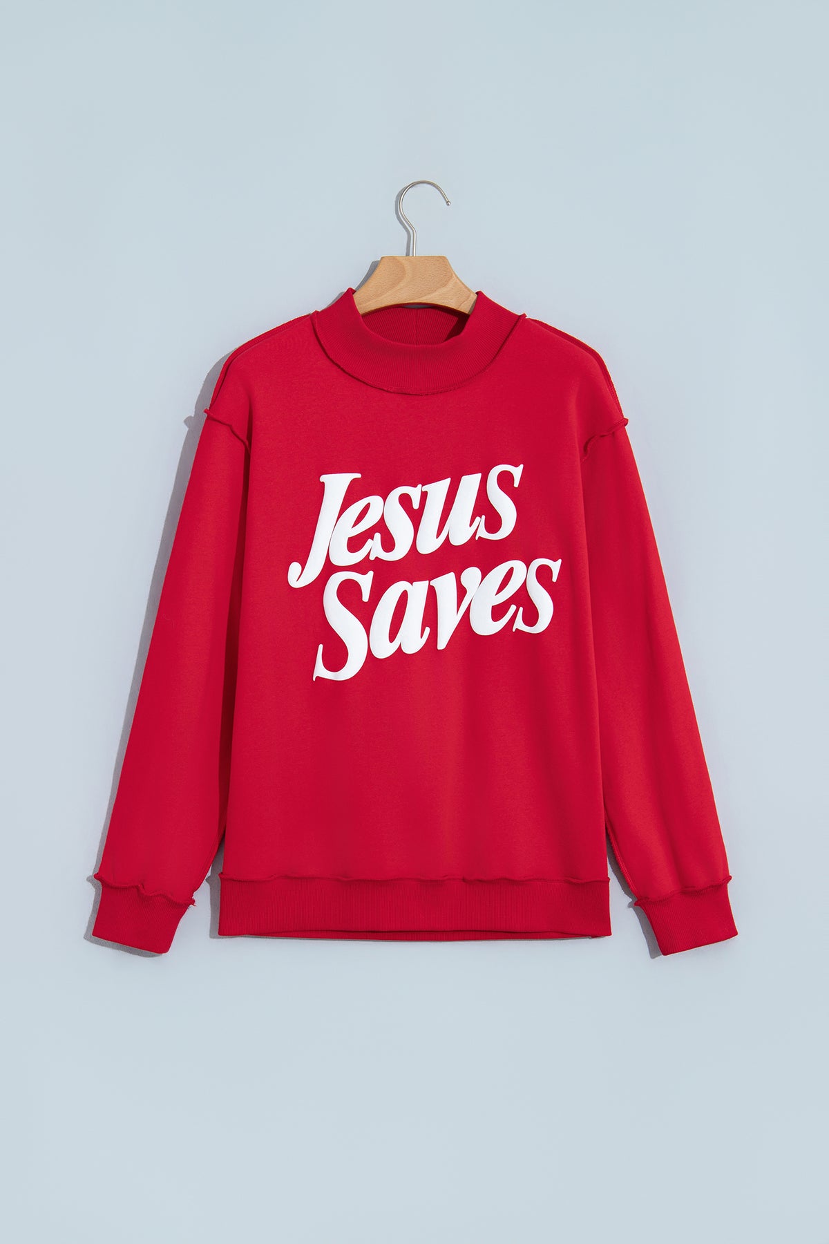 Fiery Red Jesus Saves Slogan Print Stand Neck Baggy Sweatshirt-Tops/Sweatshirts & Hoodies-[Adult]-[Female]-2022 Online Blue Zone Planet