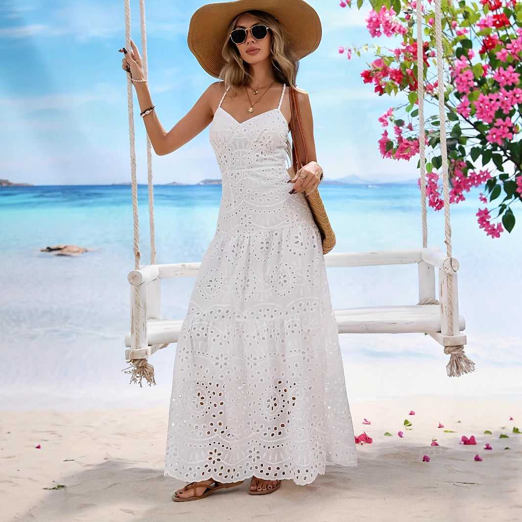 Santorini Breeze Jacquard Embroidered Eyelet Maxi Dress