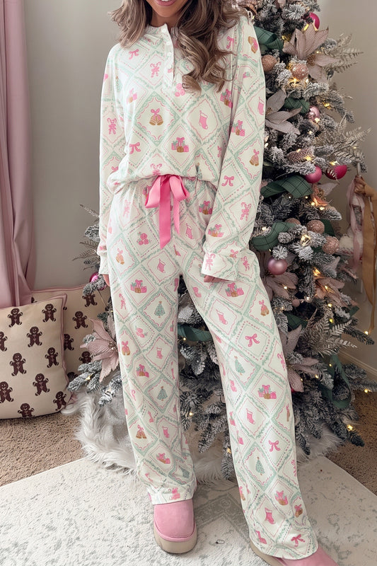 White Long Sleeve Patchwork Shift Christmas Daily Wear Lounge Set-Loungewear & Sleepwear/Loungewear-[Adult]-[Female]-White-S-2022 Online Blue Zone Planet