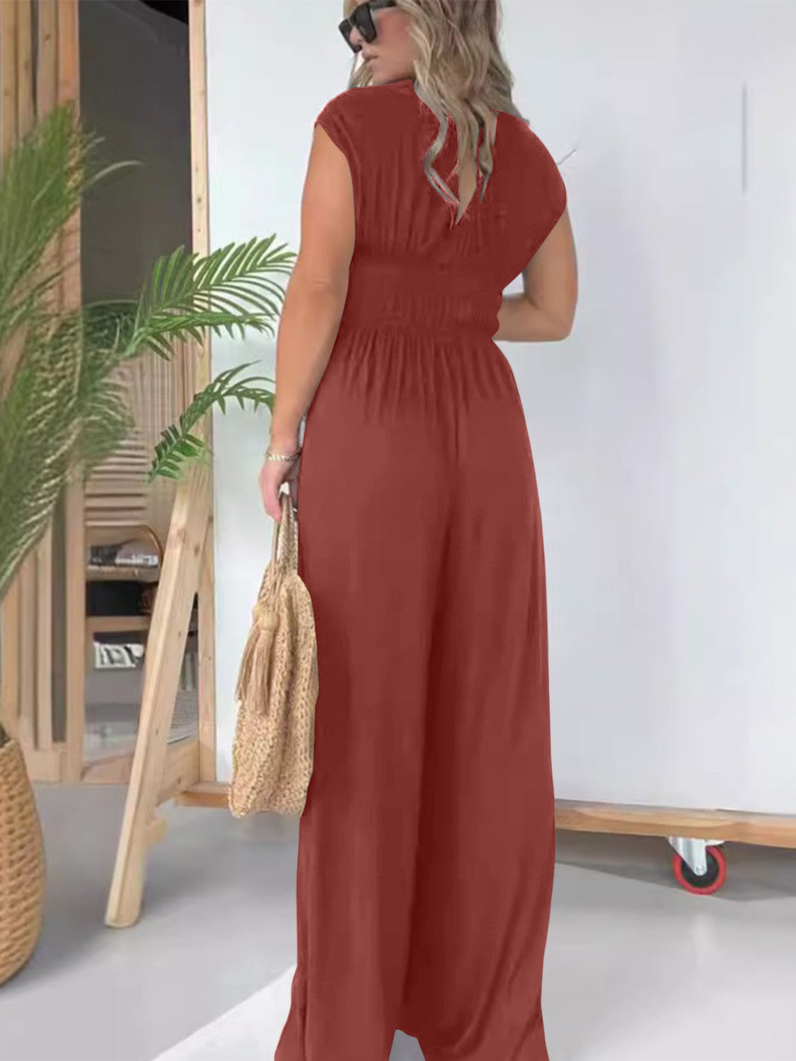 Smocked Cap Sleeve Wide Leg Jumpsuit-TOPS / DRESSES-[Adult]-[Female]-2022 Online Blue Zone Planet