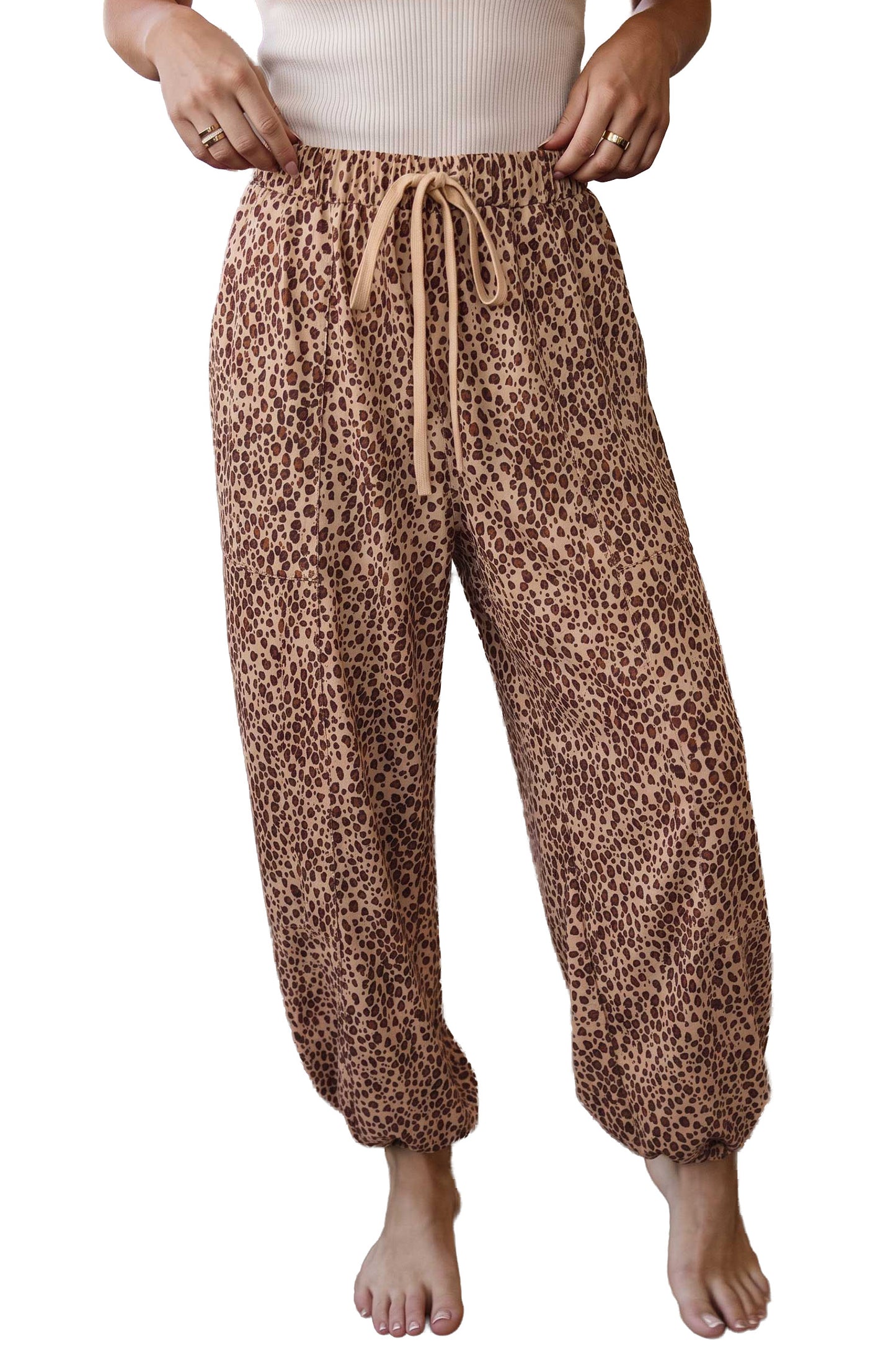 Khaki Leopard Print Drawstring Waist Patch Pockets Pants-Bottoms/Pants & Culotte-[Adult]-[Female]-2022 Online Blue Zone Planet