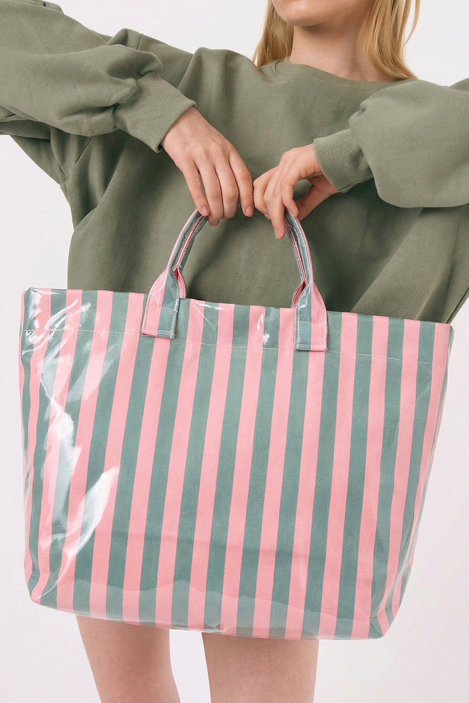 Blackish Green Glossy Striped Vinyl Large Tote Bag-Shoes & Bags/Handbags-[Adult]-[Female]-2022 Online Blue Zone Planet