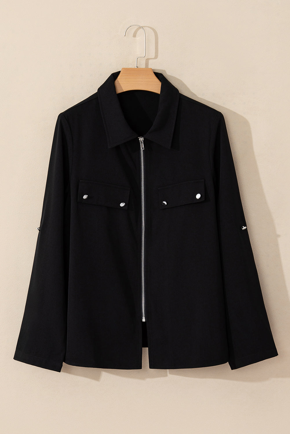 Black Collar Tab Sleeve Zip Up Flap Detail Jacket-Outerwear/Jackets-[Adult]-[Female]-2022 Online Blue Zone Planet