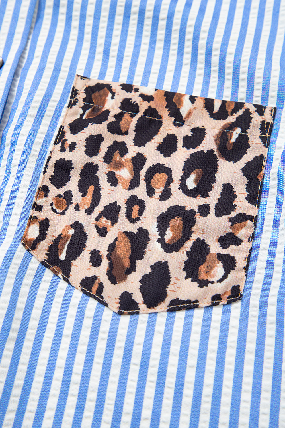 Sky Blue Striped Leopard Print Patchwork Button Up Womens Shirt-Tops/Blouses & Shirts-[Adult]-[Female]-2022 Online Blue Zone Planet