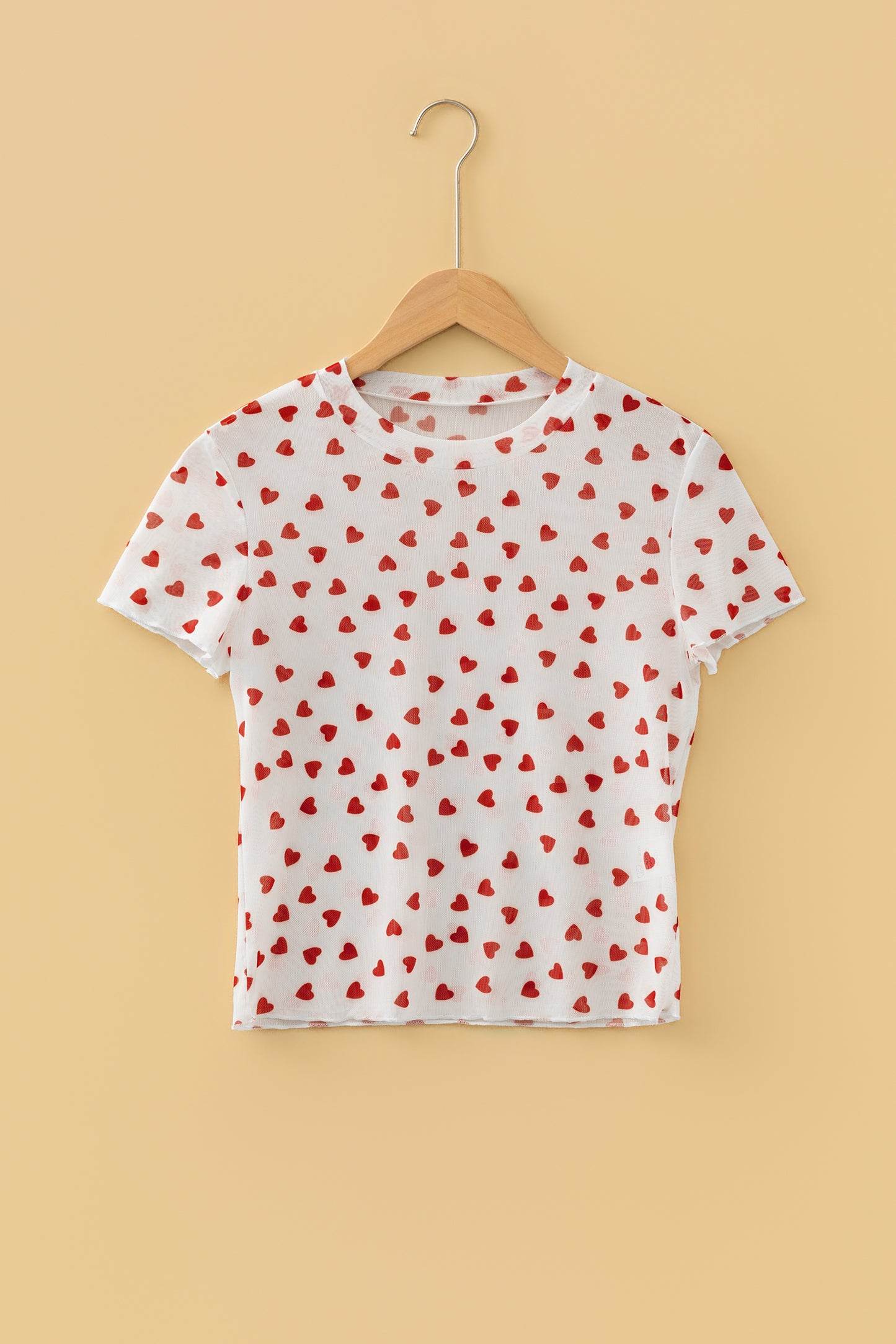 Red Allover Heart Print Mesh Short Sleeve Top-Tops/Tops & Tees-[Adult]-[Female]-2022 Online Blue Zone Planet