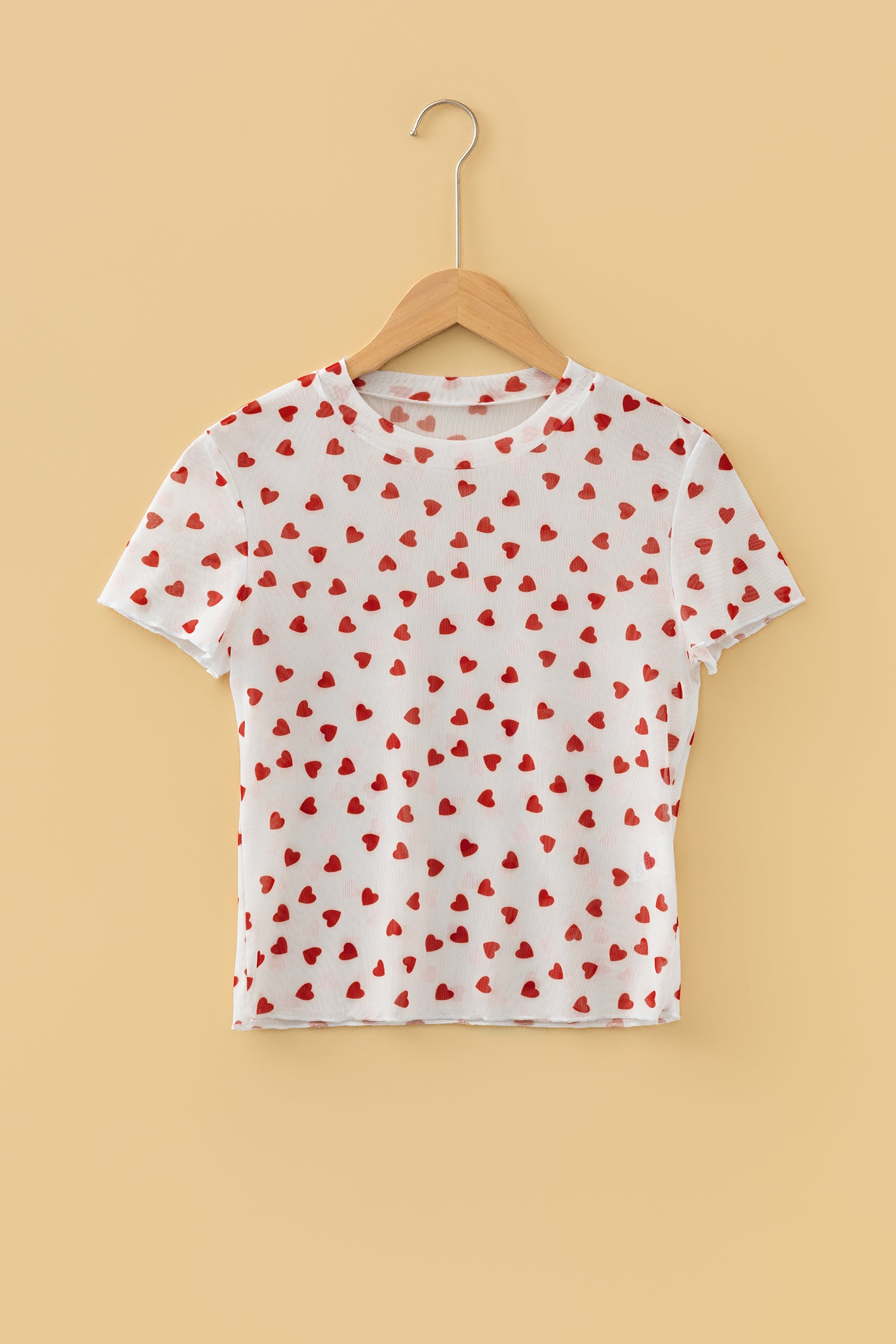 Red Allover Heart Print Mesh Short Sleeve Top-Tops/Tops & Tees-[Adult]-[Female]-2022 Online Blue Zone Planet