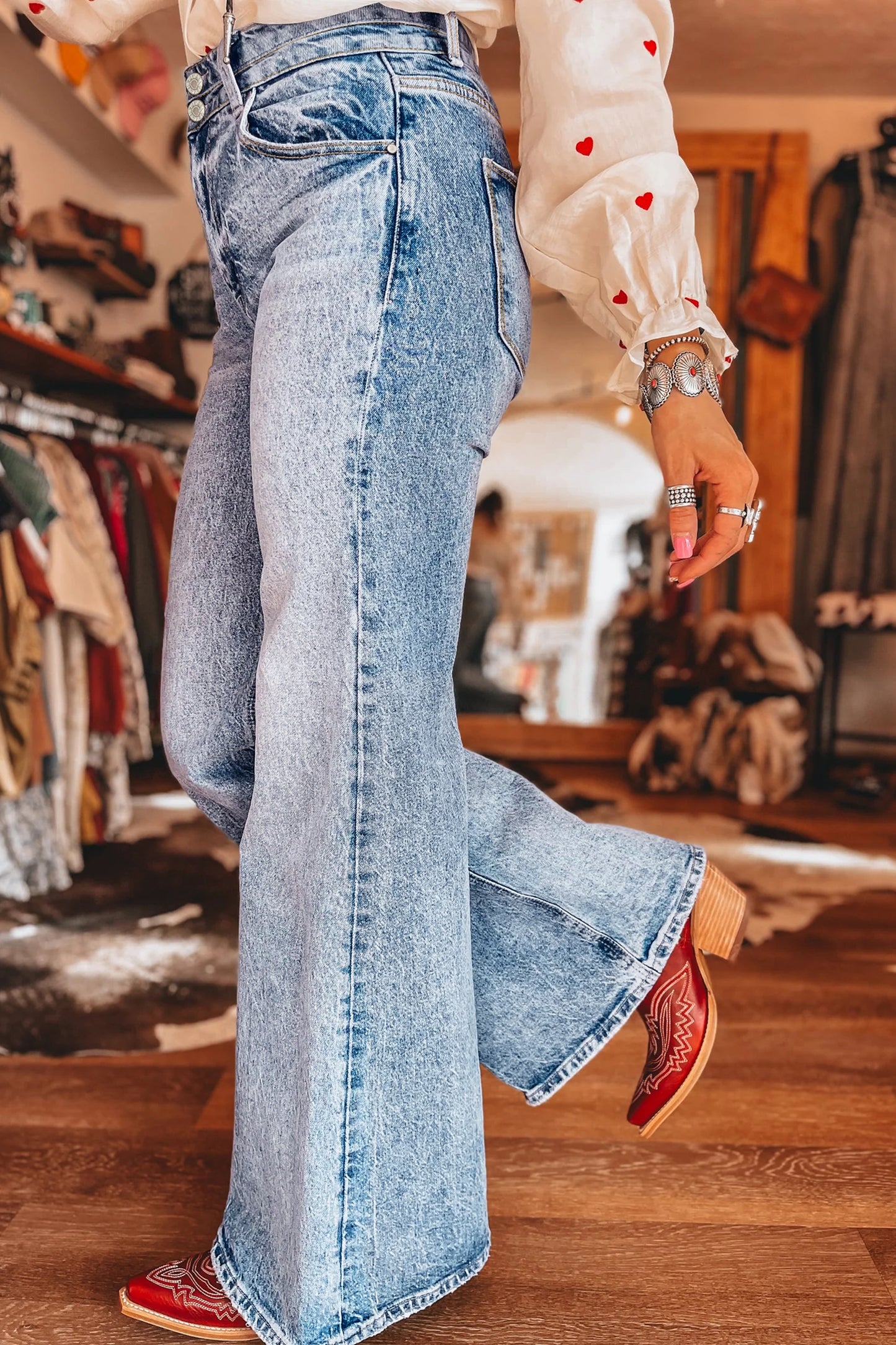 Beau Blue Acid Wash Pocket Detail Flare Jeans-Bottoms/Jeans-[Adult]-[Female]-2022 Online Blue Zone Planet