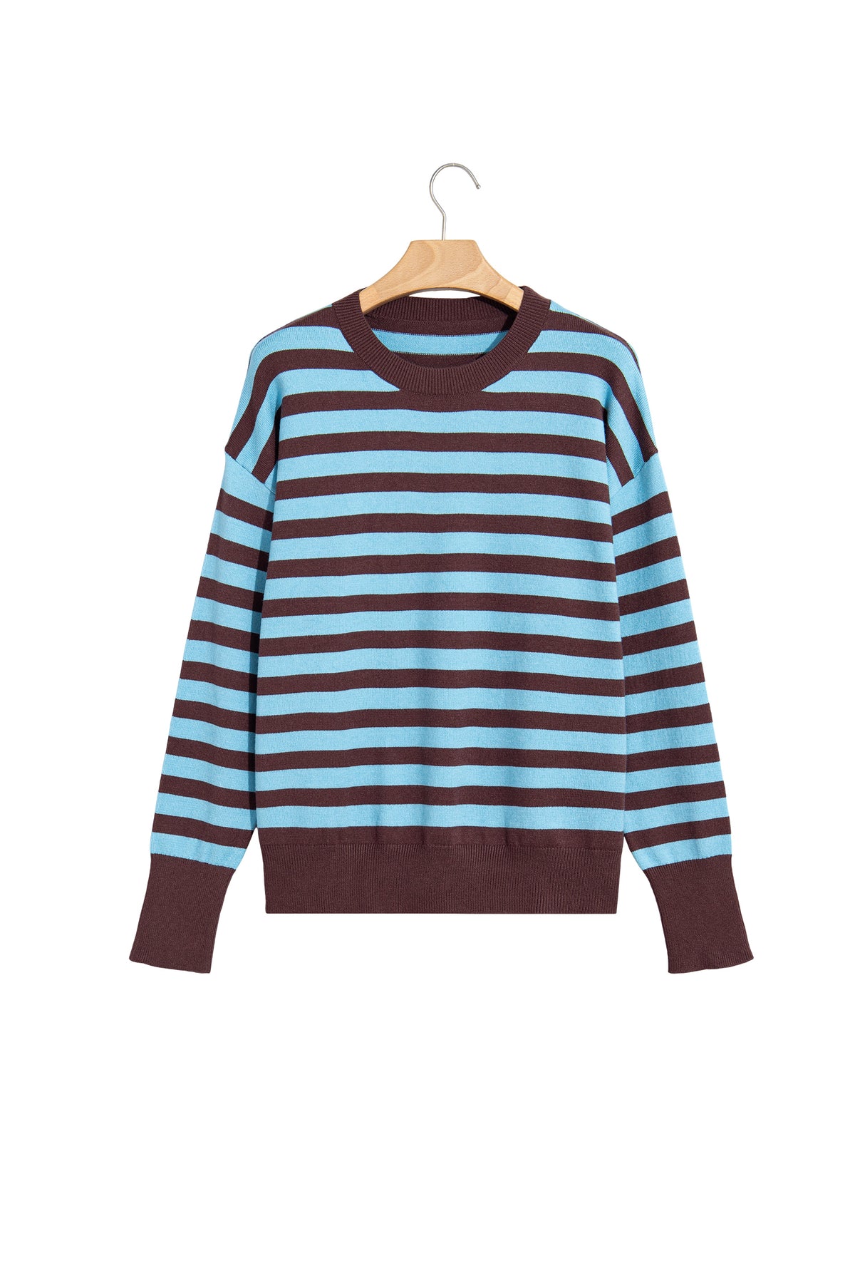 Brown Stripe Color Block Loose Crew Neck Cuffed Sweater-TOPS / DRESSES-[Adult]-[Female]-2022 Online Blue Zone Planet