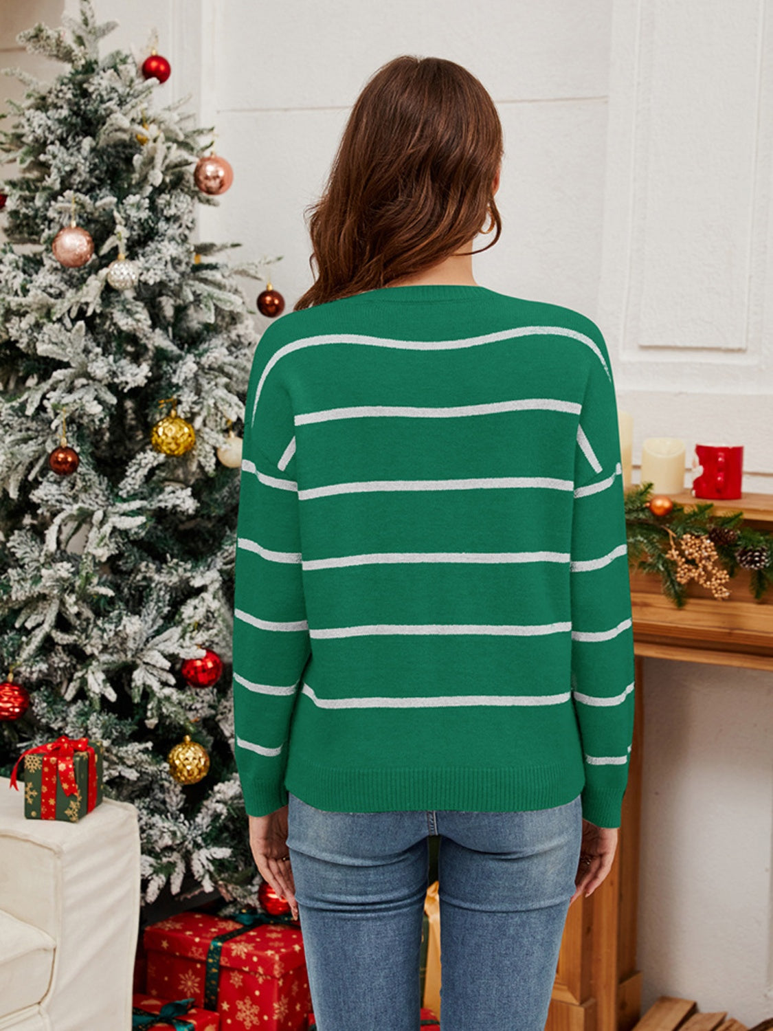 Blue Zone Planet | Sequin Santa Striped Round Neck Long Sleeve Sweater-TOPS / DRESSES-[Adult]-[Female]-2022 Online Blue Zone Planet