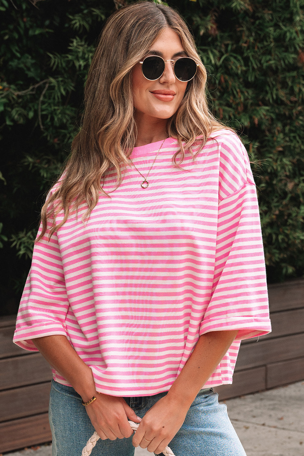 Pink Stripe Bowknot Cutout Back Drop Shoulder Wide Bracelet Sleeve Loose Tee-Tops/Tops & Tees-[Adult]-[Female]-2022 Online Blue Zone Planet