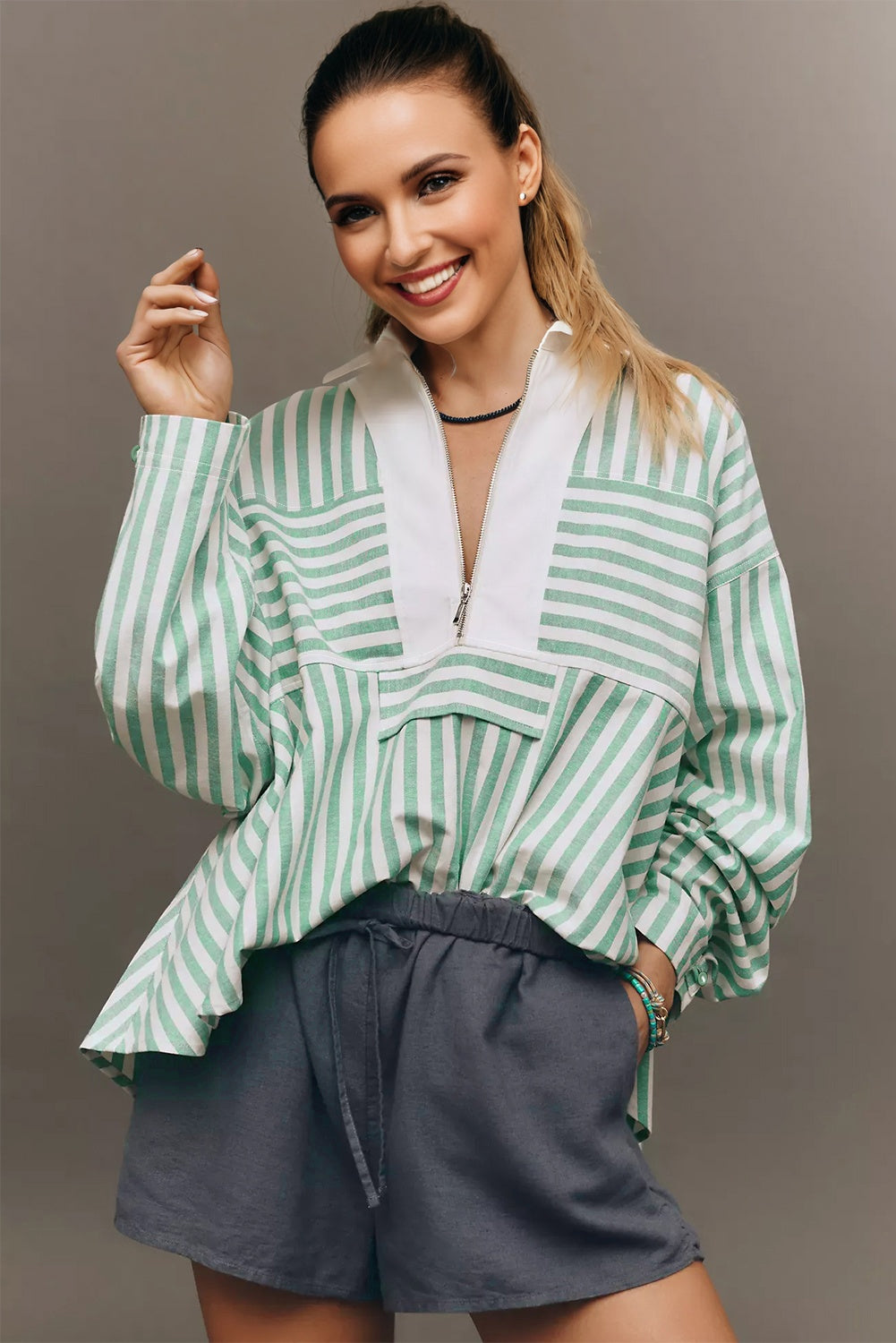 Green Stripe Half Zip Long Sleeve Swing Top-Tops/Blouses & Shirts-[Adult]-[Female]-2022 Online Blue Zone Planet