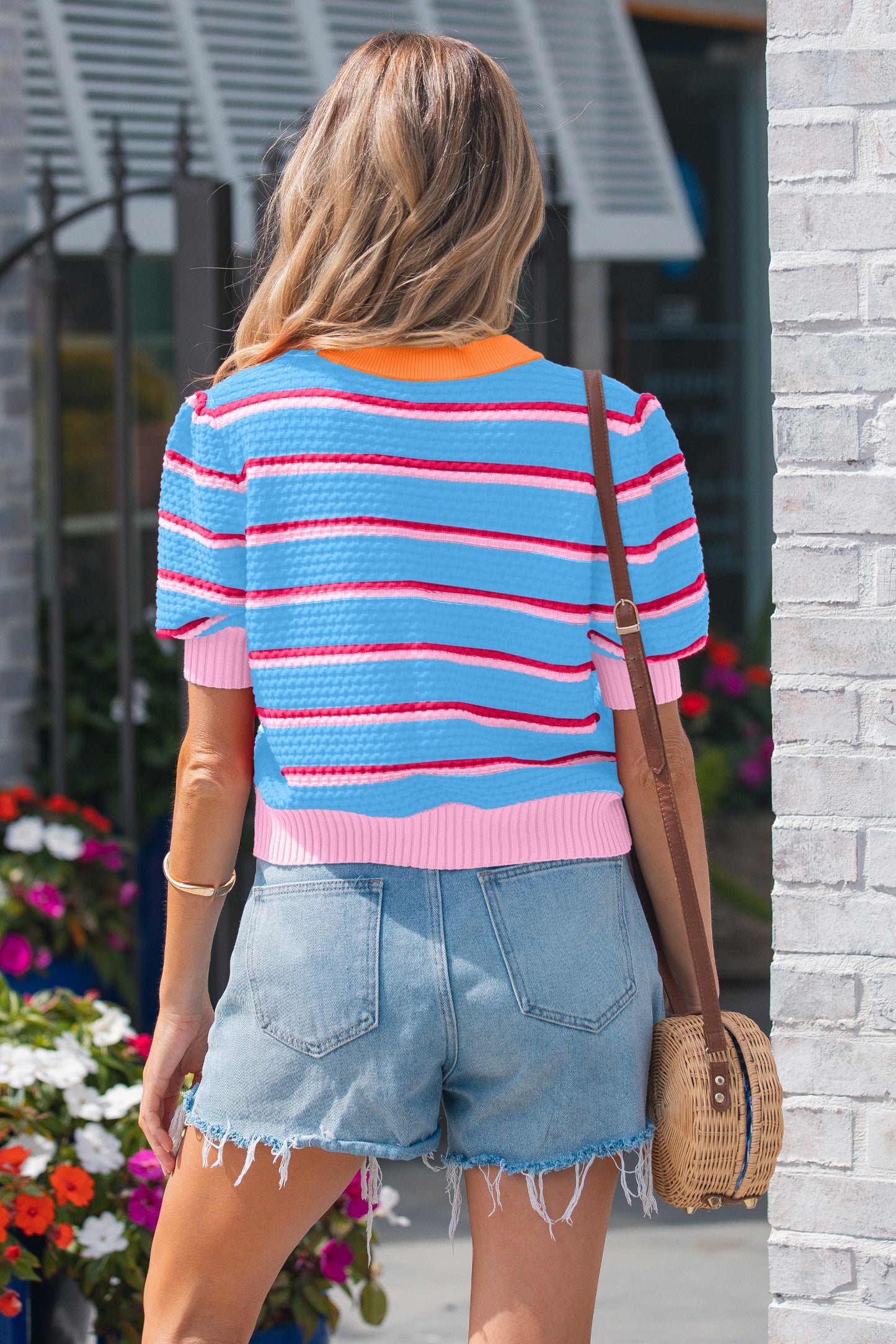 Green Stripe Colorblock Trim Half Sleeve Sweater Top-TOPS / DRESSES-[Adult]-[Female]-2022 Online Blue Zone Planet