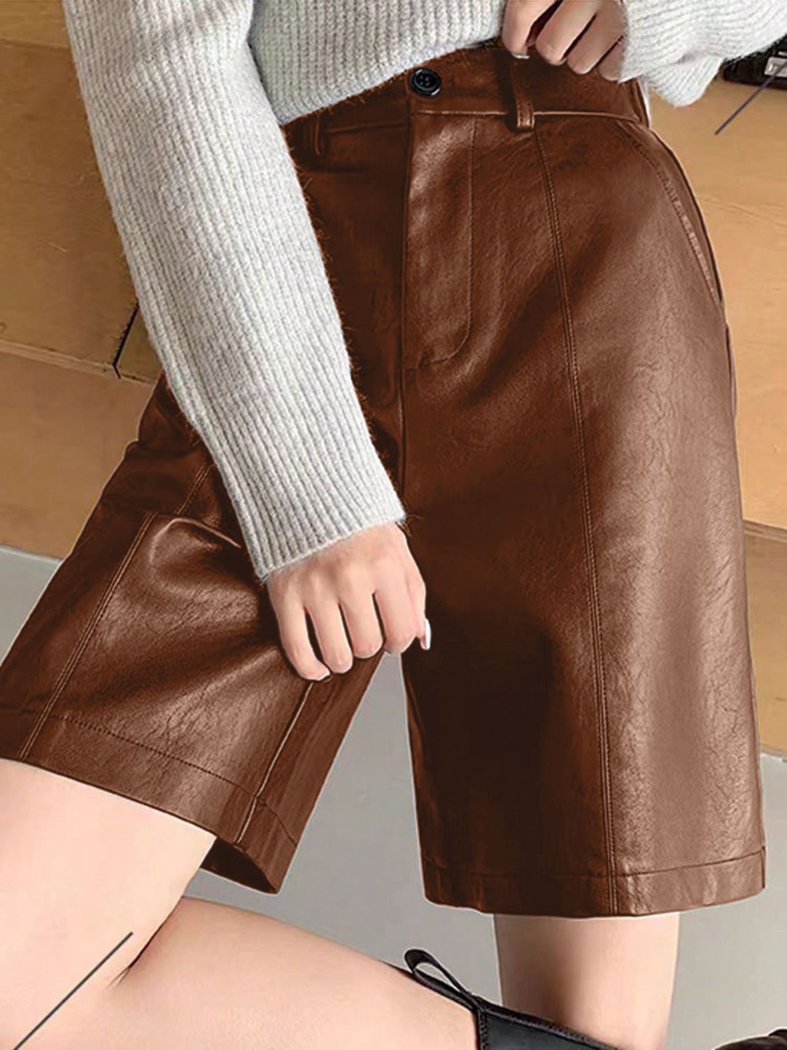 PU Leather High Rise Shorts-BOTTOM SIZES SMALL MEDIUM LARGE-[Adult]-[Female]-Brown-S-2022 Online Blue Zone Planet