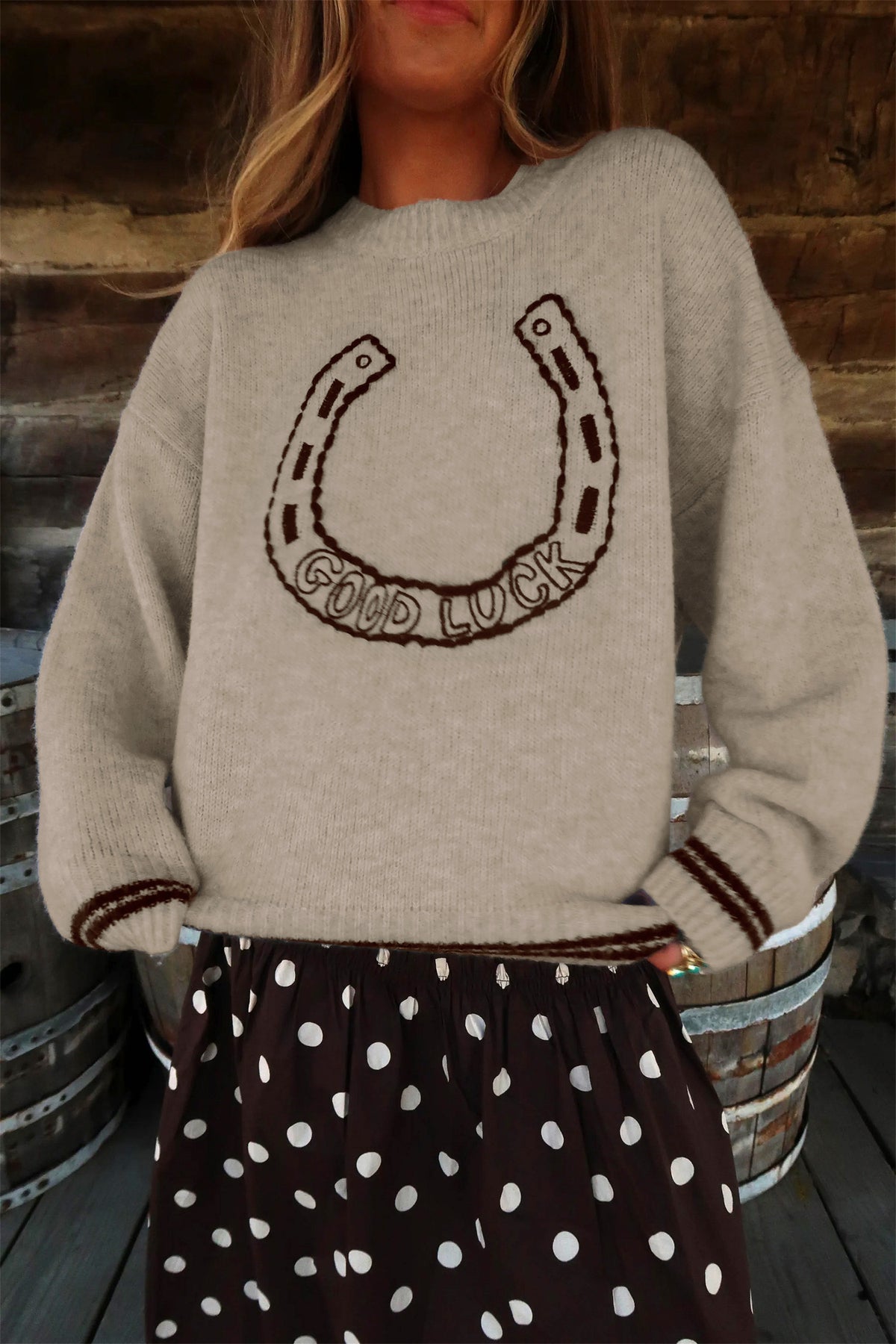 Gray Good Luck Western Horseshoe Crew Neck Knit Sweater-TOPS / DRESSES-[Adult]-[Female]-Gray-S-2022 Online Blue Zone Planet