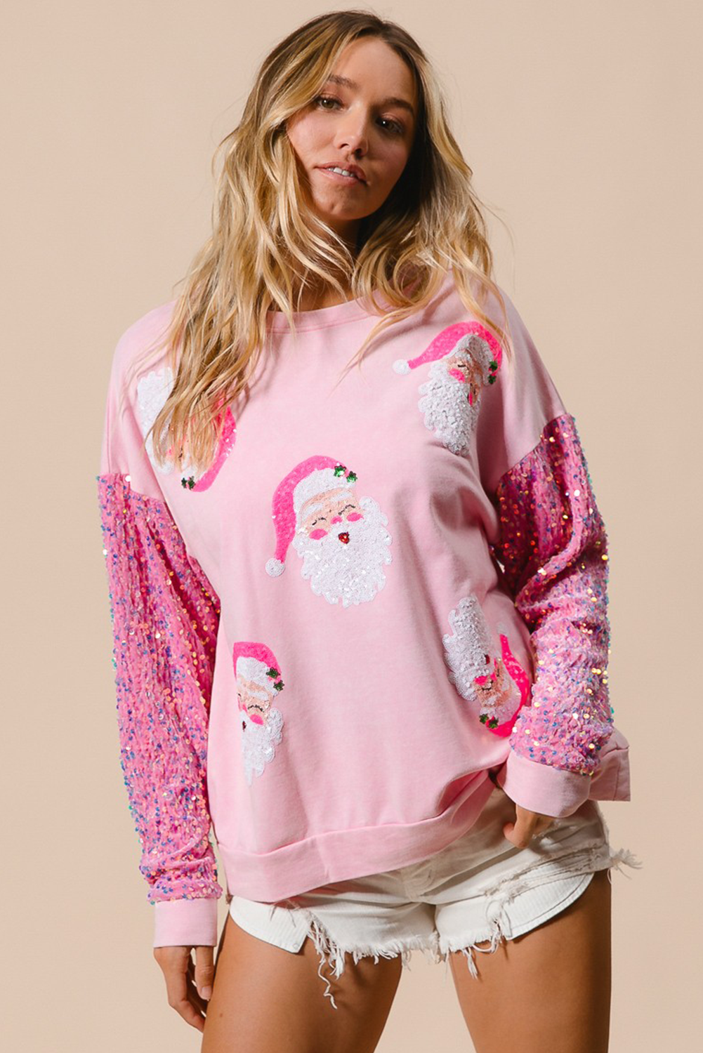 Blue Zone Planet | Pink Sequined Santa Claus Long Sleeve Christmas Sweatshirt-Sweatshirts & Hoodies-[Adult]-[Female]-2022 Online Blue Zone Planet