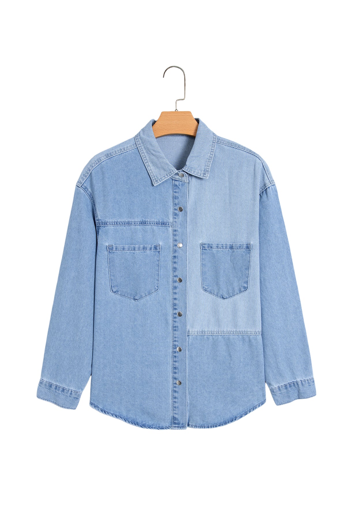 Beau Blue Lightweight Denim Striped Patchwork Button Down Shacket-Tops/Blouses & Shirts-[Adult]-[Female]-2022 Online Blue Zone Planet