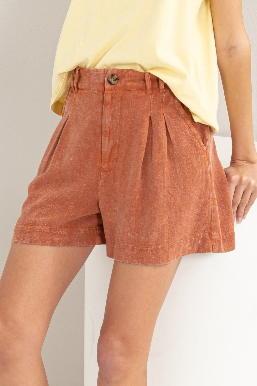 HYFVE High Waist Pleated Linen Shorts-BOTTOMS SIZES SMALL MEDIUM LARGE-[Adult]-[Female]-Baked Clay-S-2022 Online Blue Zone Planet