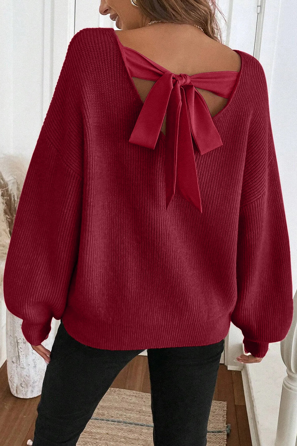 Red Dahlia Ribbed Knit Ribbon Knot Backless Drop Shoulder Sweater-Sweaters & Cardigans/Sweaters-[Adult]-[Female]-Red Dahlia-S-2022 Online Blue Zone Planet