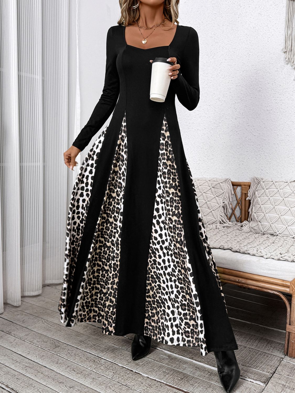 Perfee Leopard Square Neck Long Sleeve Maxi Dress-TOPS / DRESSES-[Adult]-[Female]-2022 Online Blue Zone Planet