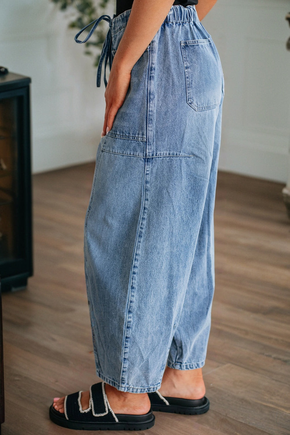 Myosotis Large Patch Pocket Drawstring Paperbag Waist Barrel Jeans-Bottoms/Jeans-[Adult]-[Female]-2022 Online Blue Zone Planet