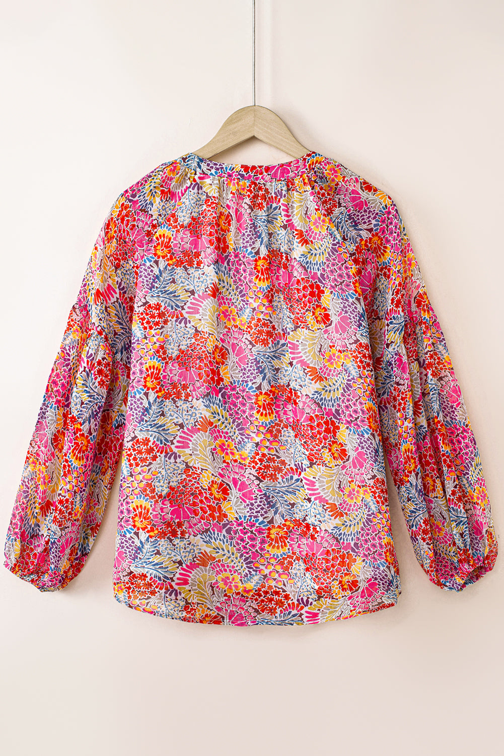 Fiery Red White Floral Print V Neck Long Puff Sleeve Top-Tops/Blouses & Shirts-[Adult]-[Female]-2022 Online Blue Zone Planet