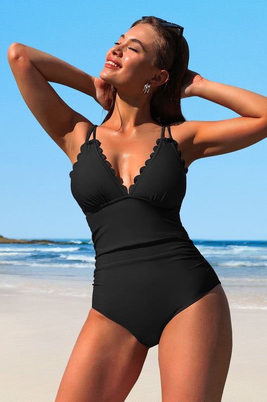 Tina's Scalloped V Neck Cut Out Monokini Swimwear-[Adult]-[Female]-10070BLA-Black-S-2022 Online Blue Zone Planet